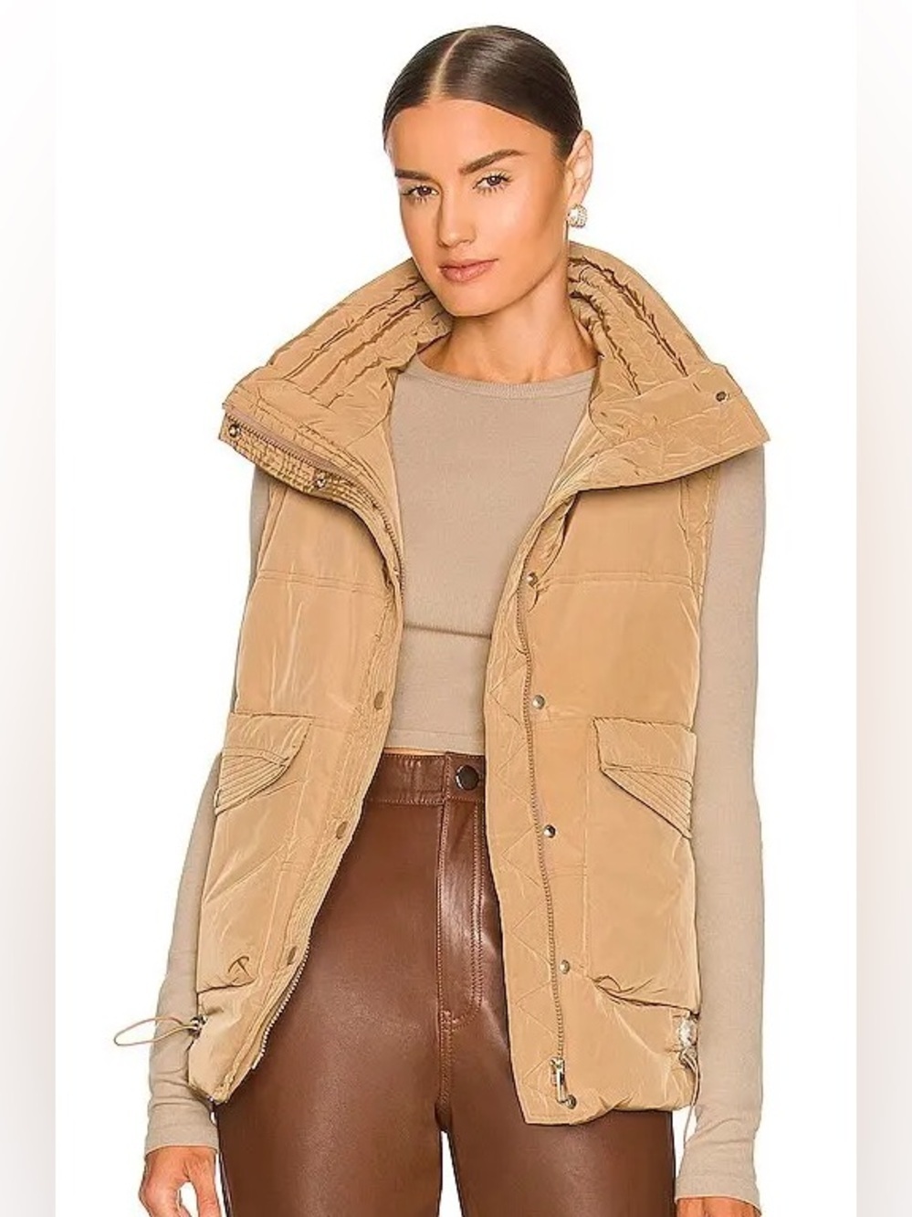 Toast Society Cleo Puffer Vest Tan Utility Funnel Neck Drawcord S/M